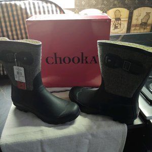 Chooka Classic Mid Calf Racer Herringbone Rubber Rain Boot - Black